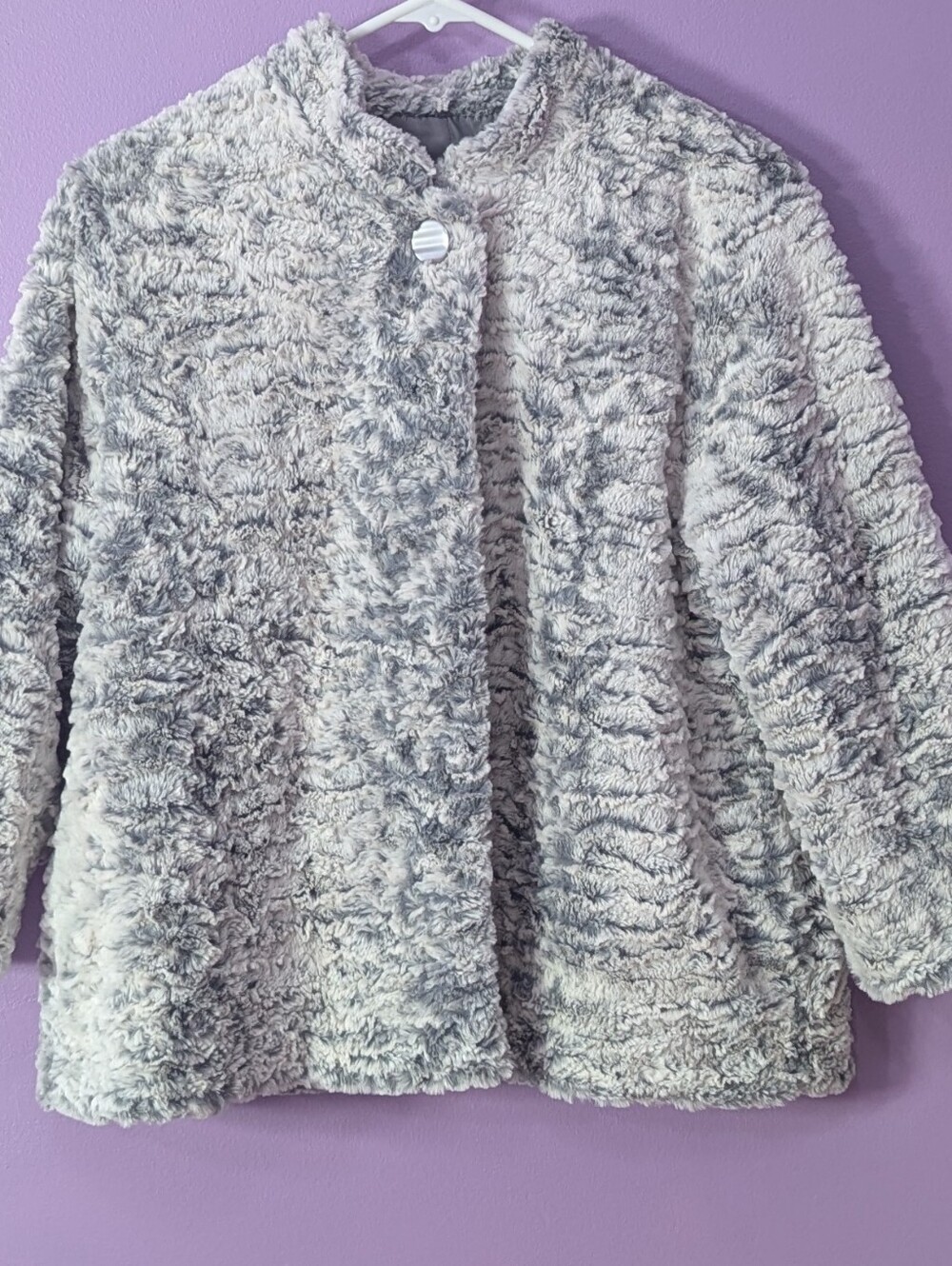 Alfred Dunner Faux Fur Jacket 12p Petite Soft Gray Textured Plush Cardigan Coat